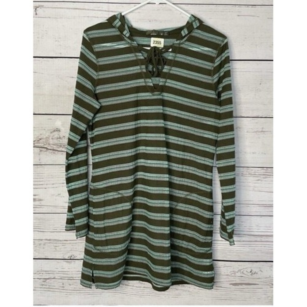 Prana Alexia Green Striped Long Slv. Pockets Hooded Cover Up Tunic Women M China
